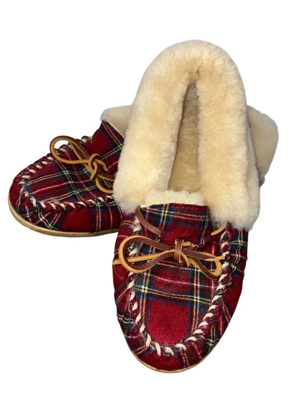 L.L. Bean Wicked good slipper shoes Red Plaid Shearling-Lined Sheepskin Moccasin